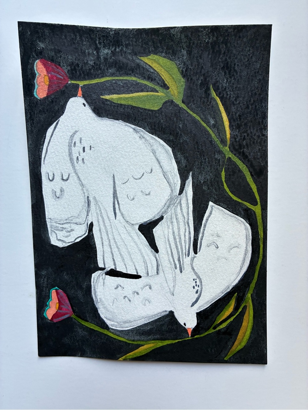 Handpainted Birds Artwork with Floral Vine - White, Black, Green